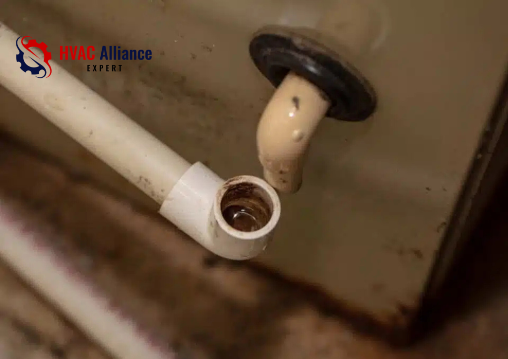 Clogged AC condensate drain trap with algae and sediment buildup causing AC drain line blockage