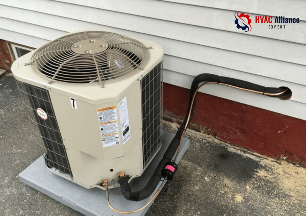 AC refrigerant line showing signs of leak causing hissing sound from outdoor unit indicating low refrigerant levels