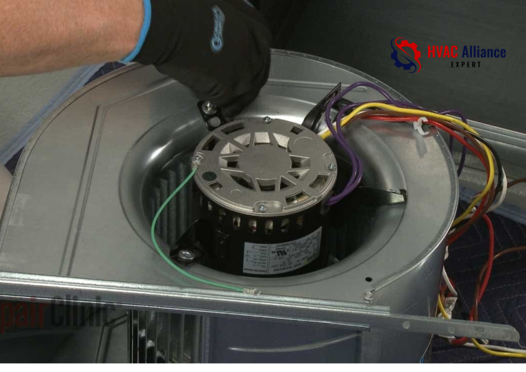 An HVAC technician in gloves inspecting a furnace blower motor and fan assembly to troubleshoot why the blower is not spinning.