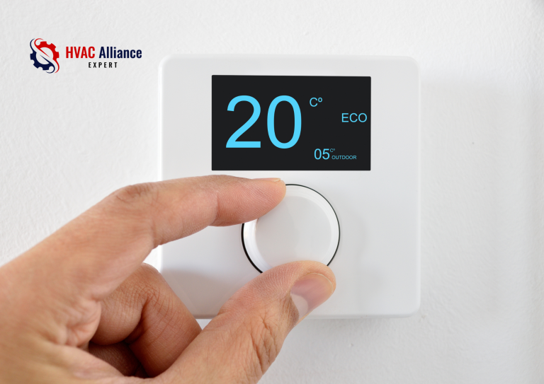 A hand adjusting a modern digital smart thermostat set to 20°C in "ECO" mode to optimize home energy efficiency.