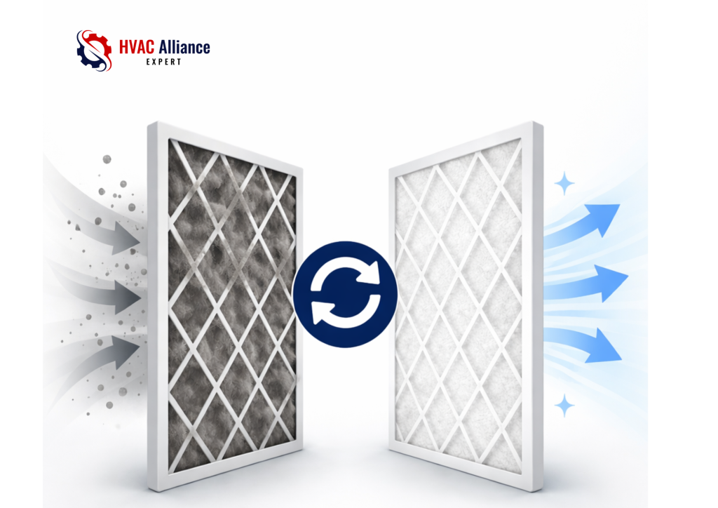 A side-by-side comparison of a dirty, gray HVAC air filter versus a clean white one, showing a blue refresh icon and arrows illustrating improved airflow and air purification.