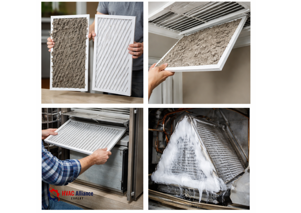 Dirty vs clean air filter comparison, clogged HVAC air filter removal, replacing AC air filter in home system, and frozen evaporator coil causing air conditioner short cycling and reduced airflow.