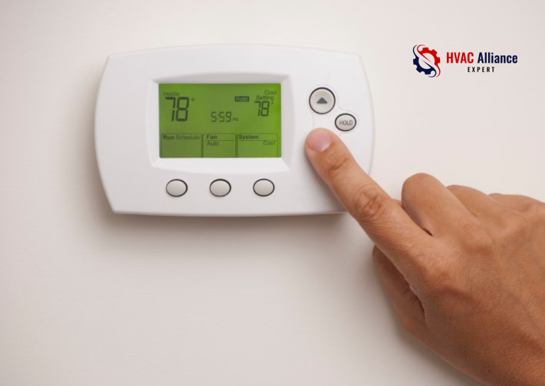 A close-up of a person's finger pressing the temperature down button on a white digital programmable thermostat, showing an indoor temperature of 78°F.
