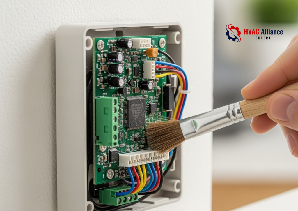 Professional cleaning and electrical maintenance of a tankless water heater control.