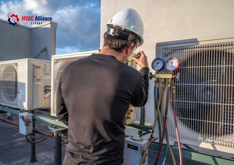 An HVAC Alliance Expert technician's view of a furnace condensate drain line, with a red circle highlighting the PVC cleanout tee used for maintenance and clearing clogs.
