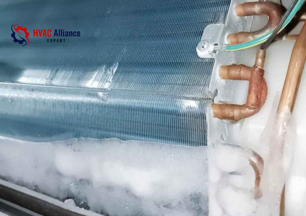 A close-up of a frozen air conditioner evaporator coil with thick ice buildup on the metal fins and copper tubing.