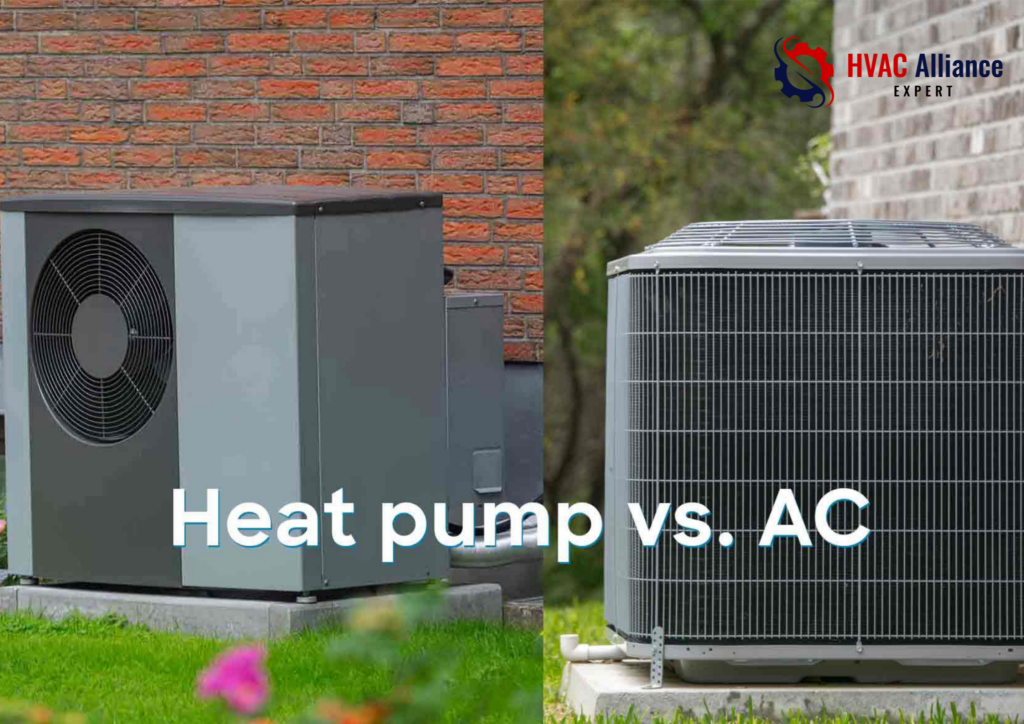 A side-by-side comparison of two outdoor HVAC units with the text "Heat pump vs. AC.